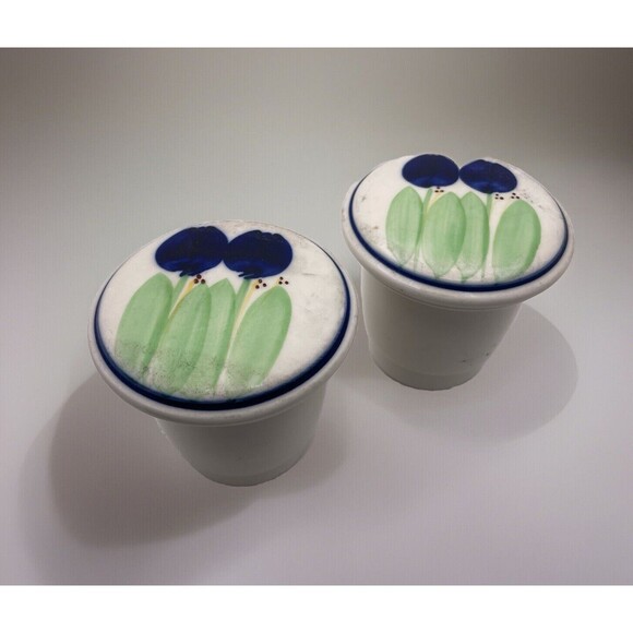Vintage Handpainted Pottery Pair of Ceramic Tea Strainers with Lids Blue Tulips - Picture 1 of 5